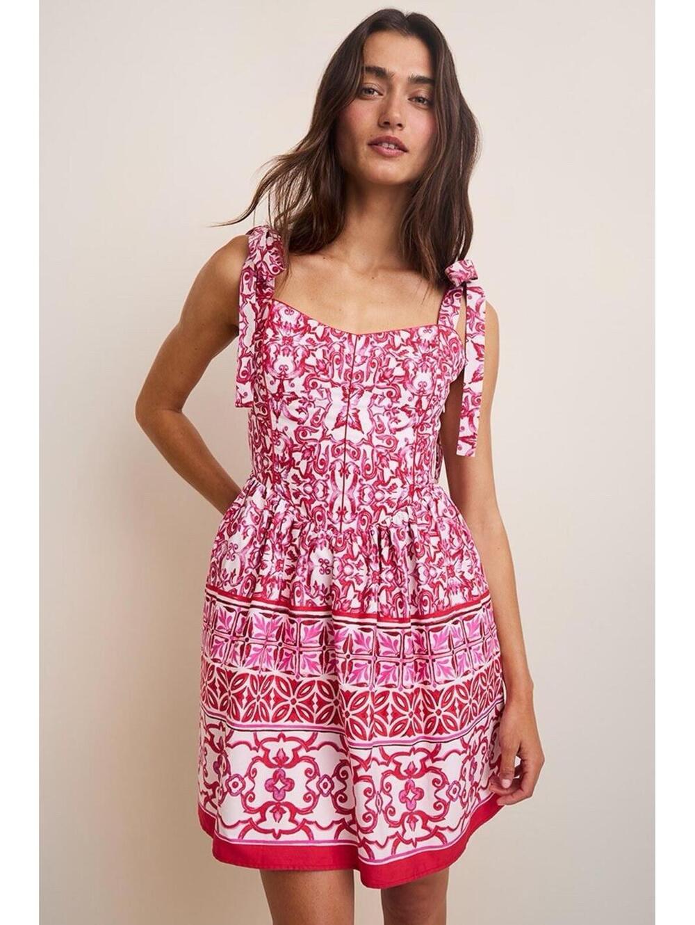 Francesca's Rosalie Tile Print Mini Dress Pink/White NWOT Girlie Basque Waist L